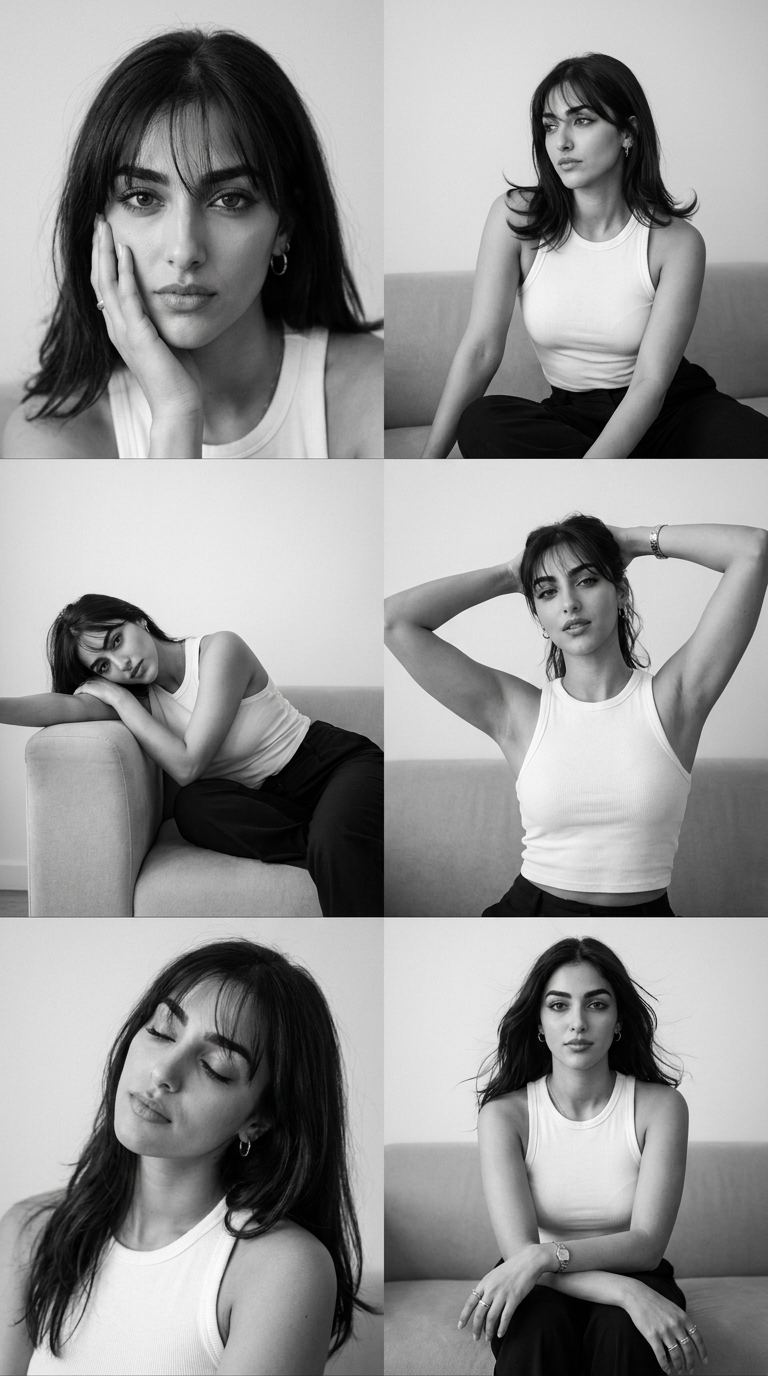 A monochrome 2x3 grid editorial collage of a young woman in a white tank top and jeans with soft studio lighting and fine film grain.