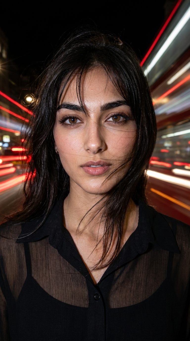 A high-contrast night portrait of a young woman standing on a city street, illuminated by a direct flash with blurred traffic light trails in the background.