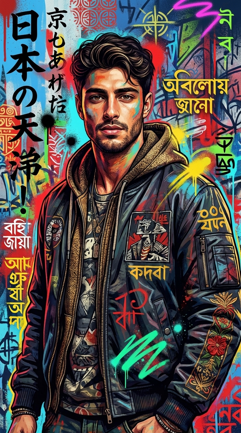 Canlı Japon graffitileri, Bengal sembolleri ve neon boya sıçramalarıyla çevrili, şık sokak giyimi içindeki bir kişinin yüksek moda editoryal posteri.