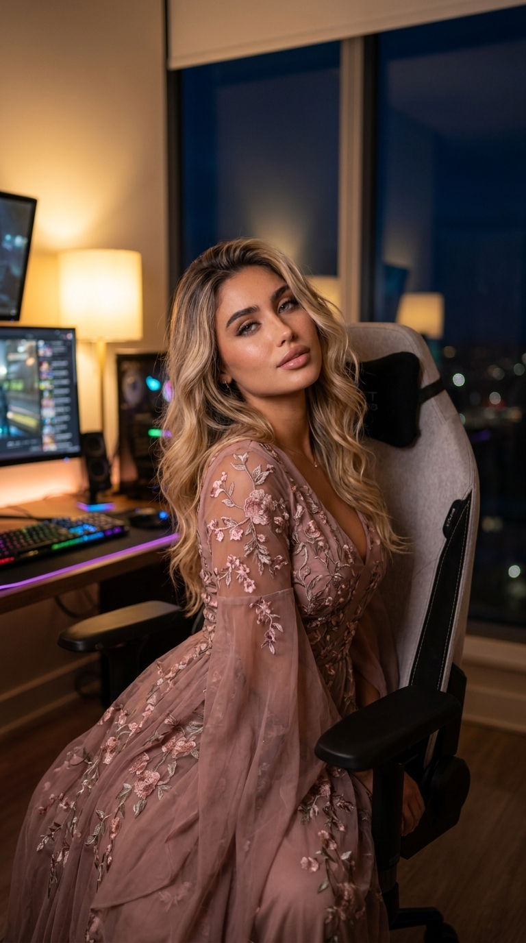 Arka planda parıldayan RGB ışıklarıyla, gece vakti samimi bir yayıncı stüdyosunda toz pembe bir elbise giymiş bir kişinin sinematik dikey portresi.