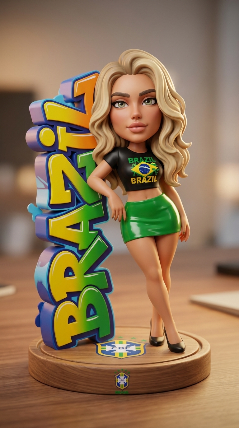 Bir masanın üzerinde duran, BRAZIL yazılı 3D graffiti heykelinin yanında poz veren stilize 3D vinil koleksiyon oyuncağı.