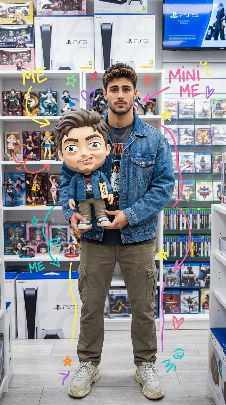 A humorous vertical portrait of a person in streetwear holding a goofy PVC figurine of themselves with matching funny expressions inside a toy store.