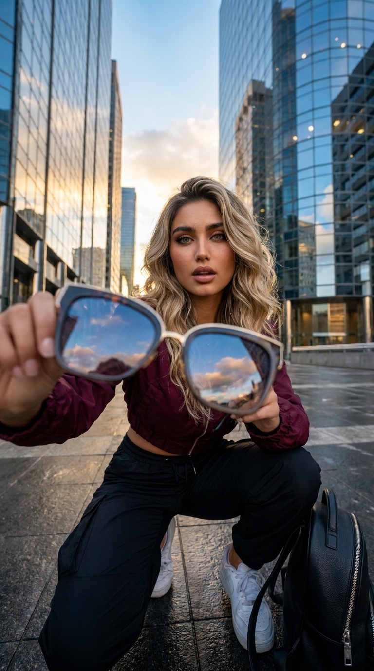A high-fashion editorial photo of a stylish young woman crouching in a modern financial district, holding oversized sunglasses reflecting a cinematic sky.