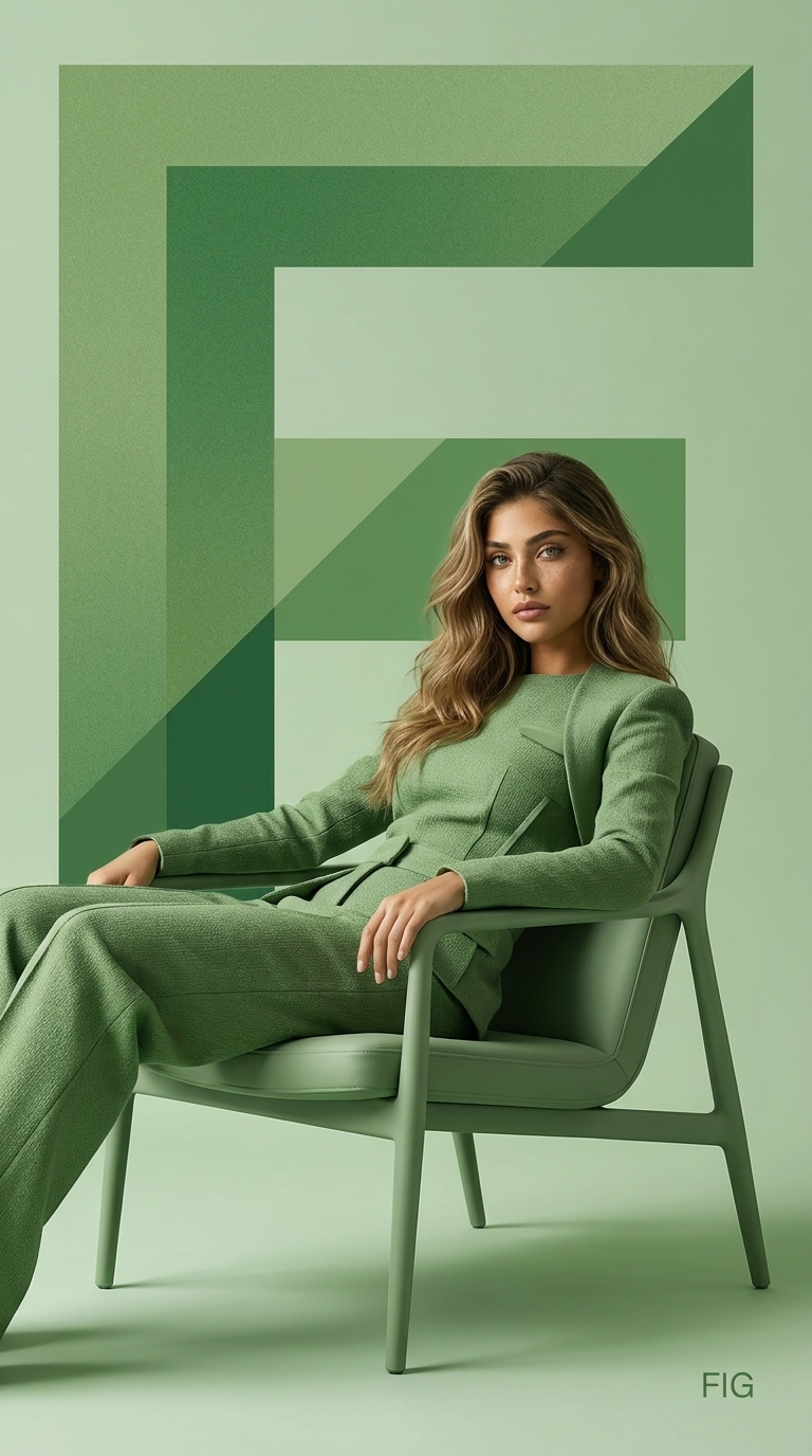 A premium modern editorial branding poster featuring a stylish young woman in a designer chair against a monochromatic green background with minimalist typography.