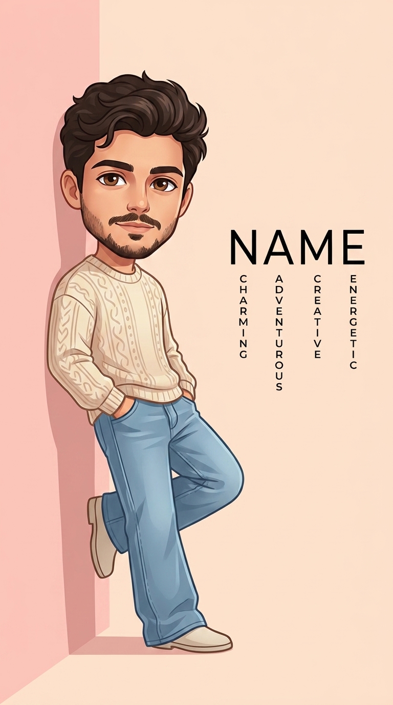 Yan tarafında adı yazılı, duvara yaslanmış bir kişinin sevimli chibi tarzı karikatür illüstrasyonu.