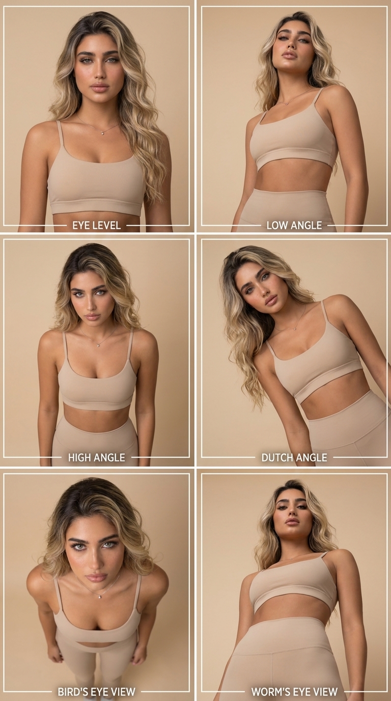 Bej spor giyimli bir kadin modelin alti farkli kamera acisindan cekilmis, temiz tipografi etiketlerine sahip 6 panelli moda editoryal izgarasi.