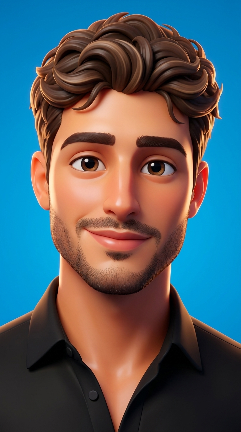 A high-end 3D cartoon character of a person with glossy skin, soft studio lighting, and a solid vibrant background.